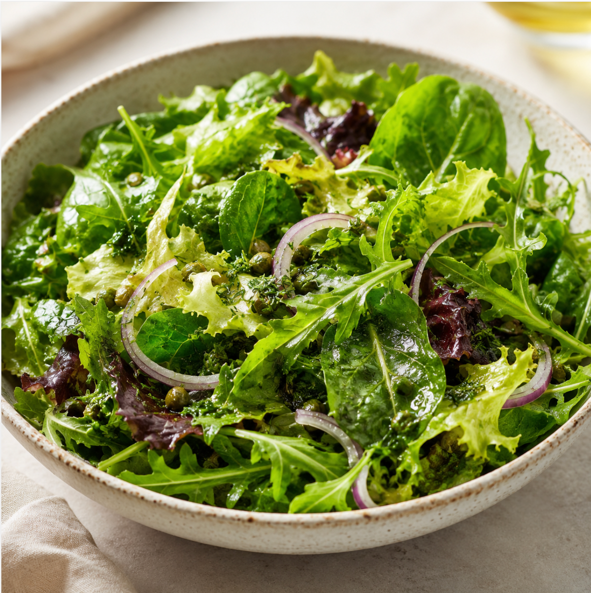 Salade verte au citron, câpres et huile d'olive Piro