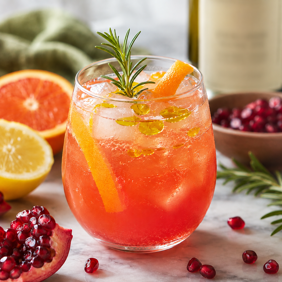 Spritz sans alcool agrumes et grenade, gouttes d'huile d'olive Piro