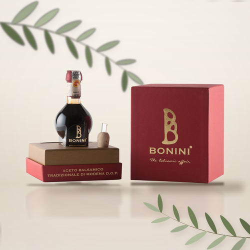 Aceto Balsamico Tradizionale di Modena DOP Bonini 12 ans, flacon et coffret grenat, rameaux d'olivier