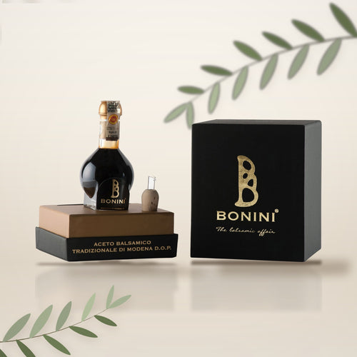 Aceto Balsamico Tradizionale di Modena DOP Bonini 25 ans, flacon et coffret noir, rameaux d'olivier